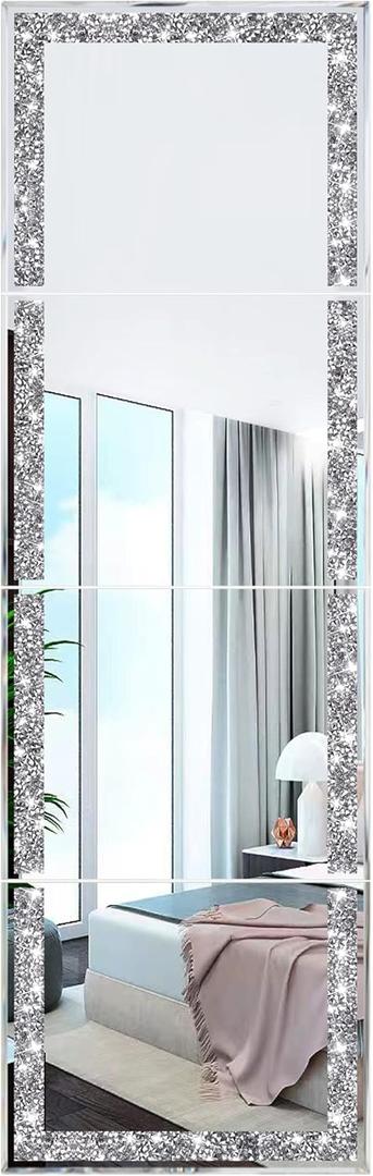 Meetart Full Length Mirror Tiles,Crystal Crush Diamond Full Body Wall Mirror,in 4PCS .14''x11''Glass Frameless Make Up Mirror for Home Decor,Room Decor,Wall Decor. (Silver)