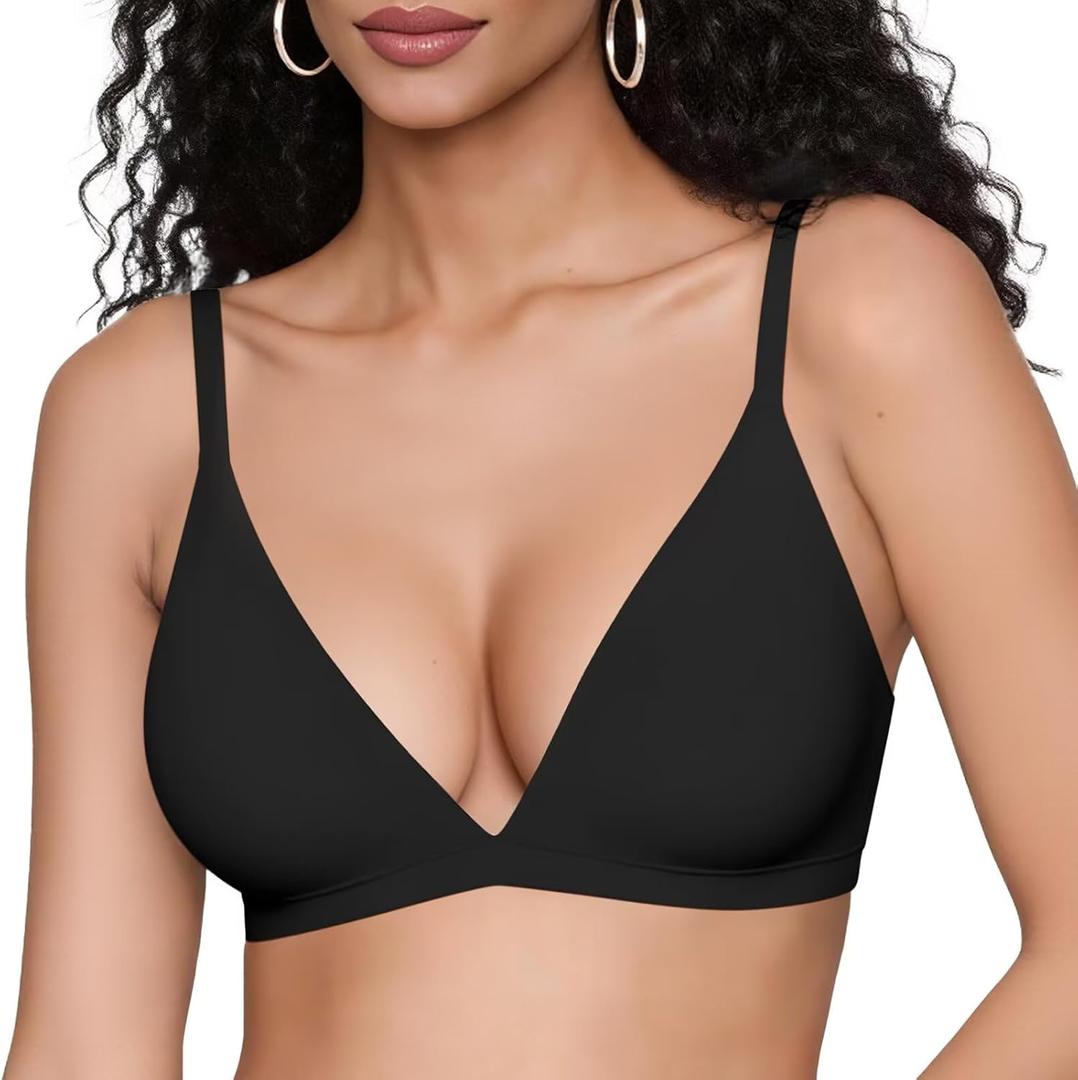 Vertvie Womens Wireless Triangle Bralette Plunge Unlined Seamless Bras No Underwire Sexy Comfortable Unpadded Everyday Bra (Medium, Black)