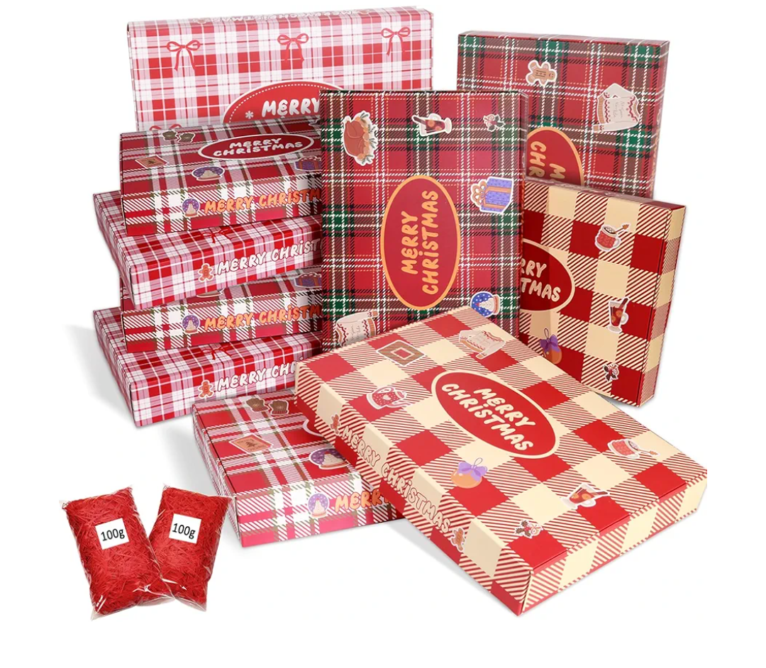 Tlenpo 16 Pack Christmas Gift Boxes with Lids for Gifts Bulk, Raffia Paper Shreds, 13" x 9.1" x 2" Large christmas Gift Boxes for Clothes, Robes, Sweater, Shirt, Xmas Holiday Present, 4 Designs
