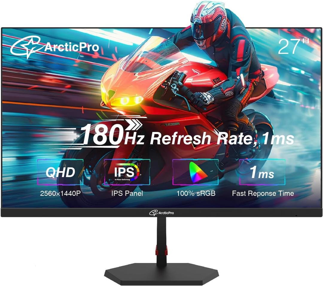 27inch Gaming Monitor QHD 2560 * 1440p, 180Hz, 2K, IPS Panel, 1ms Response Time, Adaptive sync, PC Computer Monitor, 3-Sided Frameless, Ultra Slim, 100% sRGB, Bluelight Filter, HDMI *2, DP*2