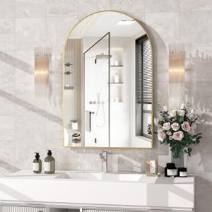 Wall Mounted Mirror, Arched Wall Mirror for Bathroom, 24"x36" Arch Bathroom Mirror with Metal Frame, Gold Vanity Mirror Decor for Mantle, Bedroom, Entryway, Living Room