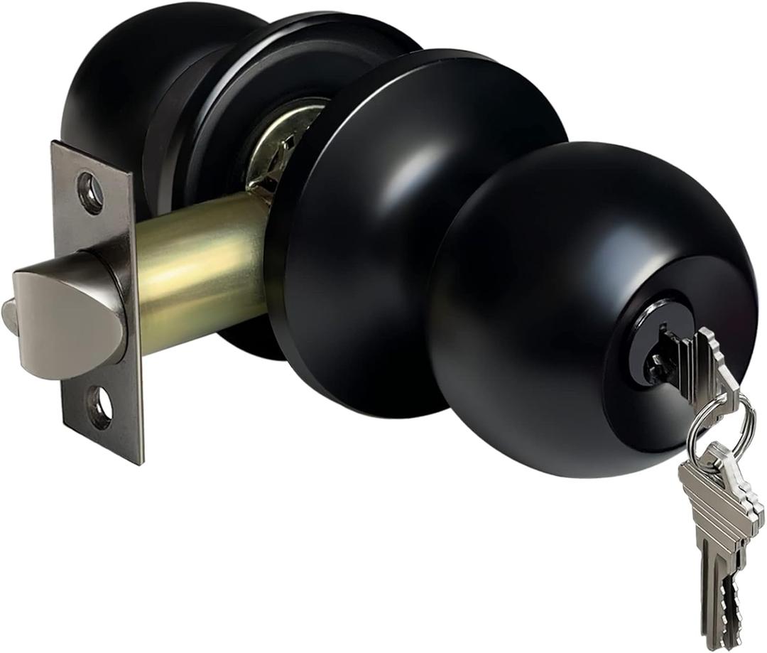BESTTEN Keyed Entry Door Knob, Entrance Door Lock, Standard Ball, All Metal, Matte Black