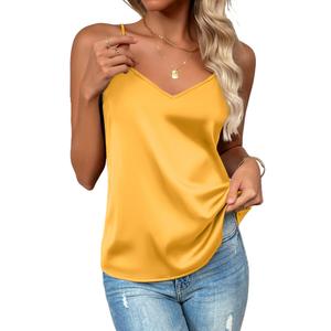 Zeagoo Women's Silk Satin Tank Tops 2026 V Neck Adjustable Spaghetti Strap Sleeveless Camisole Summer Basic Blouse Yellow L 