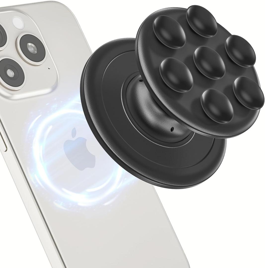 AUROX for MagSafe Phone Grip, Magnetic Phone Grip, Magnetic Suction Cup Collapsible Phone Grip Holder for iPhone 17 16 15 14 13 12 Series, Magneticc Silicone Phone Grips for Videos and Selfies,Black