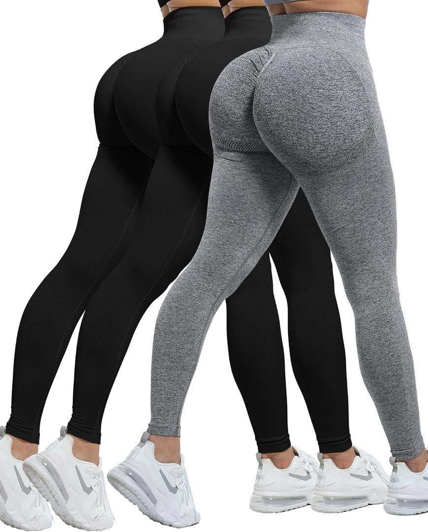 CHRLEISURE Workout Leggings Sets for Women, Gym Scrunch Butt Butt Lifting Seamless Leggings 3 Piece (Medium, 3 Packs - Black/Black/Gray)