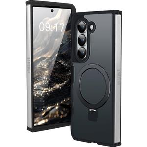 [Magnetic Stand & Wave Frame] Case for Samsung Galaxy Z Fold 5 [Fit for MagSafe] [Military Drop Protective] Not Yellowing Translucent Z Fold 5 Phone Ring Cover for Women Men 7.6" Black