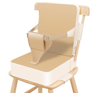 Toddler Booster Seat for Dining Table, Non-Slip Kitchen Chair Booster Seat with Backrest and Adjustable Straps, Portable PU Waterproof Travel Baby Booster Increasing Cushion (Khaki)
