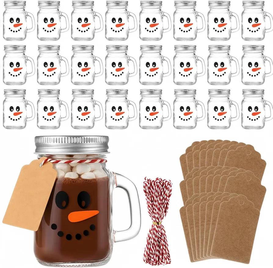 Mimorou 24 Pack 4oz Christmas Mini Mason Jars Snowman Mini Mason Jar Mugs with Handle Drinking Glasses Cups with Lids Wooden Spoons, Kraft Tags for Christmas Party Favors, Gifts, DIY Treats