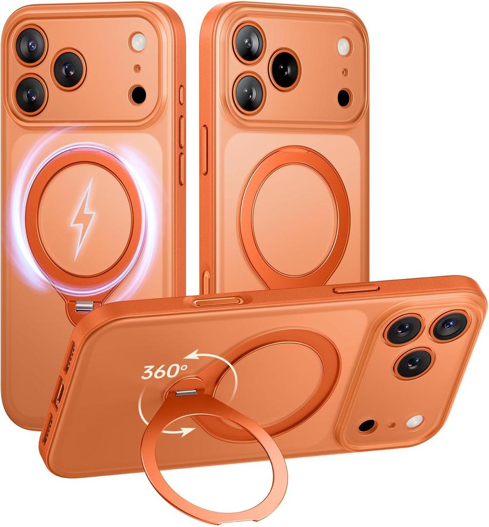 Magnetic for iPhone 17 Pro Max Case with Stash Stand, Military Grade & Full Camera Protection, Compatible with MagSafe, Anti-Slip, Translucent Matte (Orange)