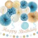 Light-Dusty Blue Beige-Champagne Women Birthday-Decorations - 21pcs Boho Neutral Happy Banner Garland, Paper Streamers Lanterns, Flower Tissue Pom Poms Fan Supplies, Wall Backdrop Party Decor Huglony