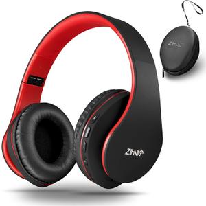 ZIHNIC Bluetooth Headphones Over-Ear, Foldable Wireless and Wired Stereo Headset Micro SD/TF, FM for Cell Phone,PC,Soft Earmuffs &Light Weight for Prolonged Wearing (Black/red)