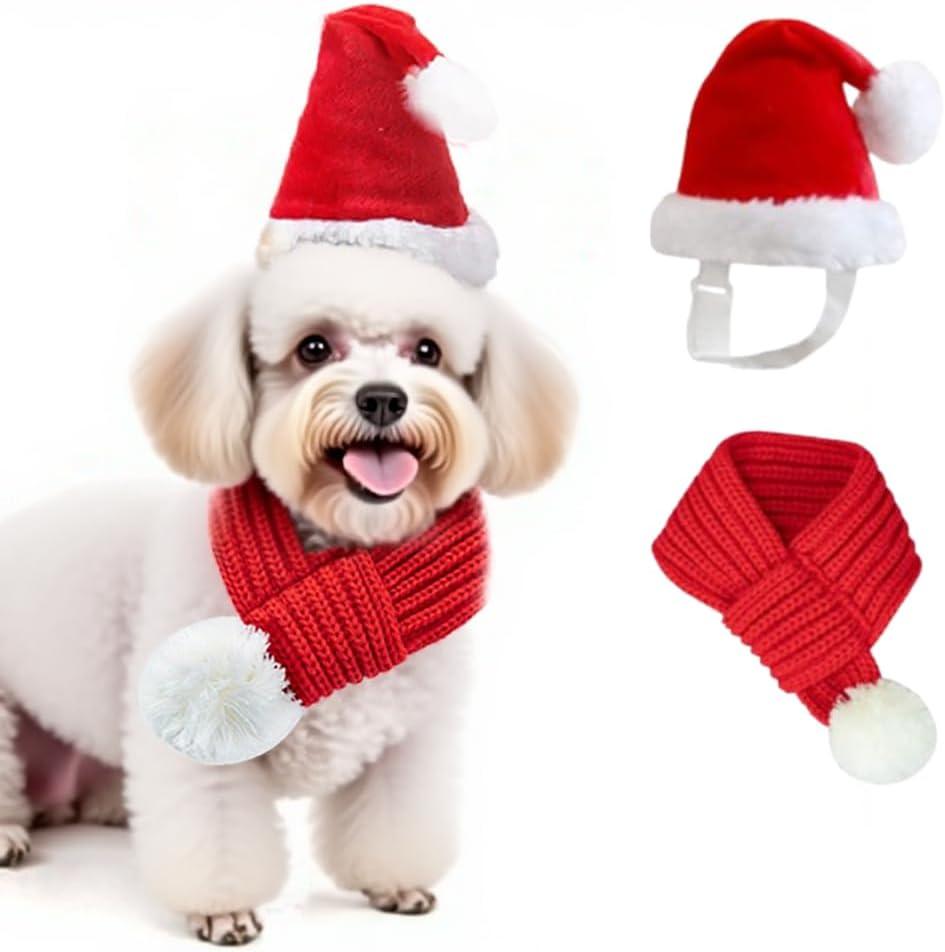 ANIAC Dog Santa Hat and Scarf Set Christmas Small Dog Outfits Fall Winter Red Knitted Cat Scarf with White Pompom Pet Santa Costume Decoration for Puppy and Cats(Red Hat+Scarf, Small)