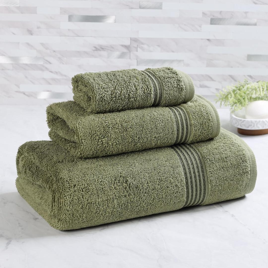 Superior Egyptian Cotton 3-Piece Towel Set, Assorted Towels, Home Bathroom, Master, Guest Bath, Decor Essentials, Includes 1 Bath, 1 Hand, 1 Face Towel/Washcloth, Quick Dry, Absorbent, Forest Green