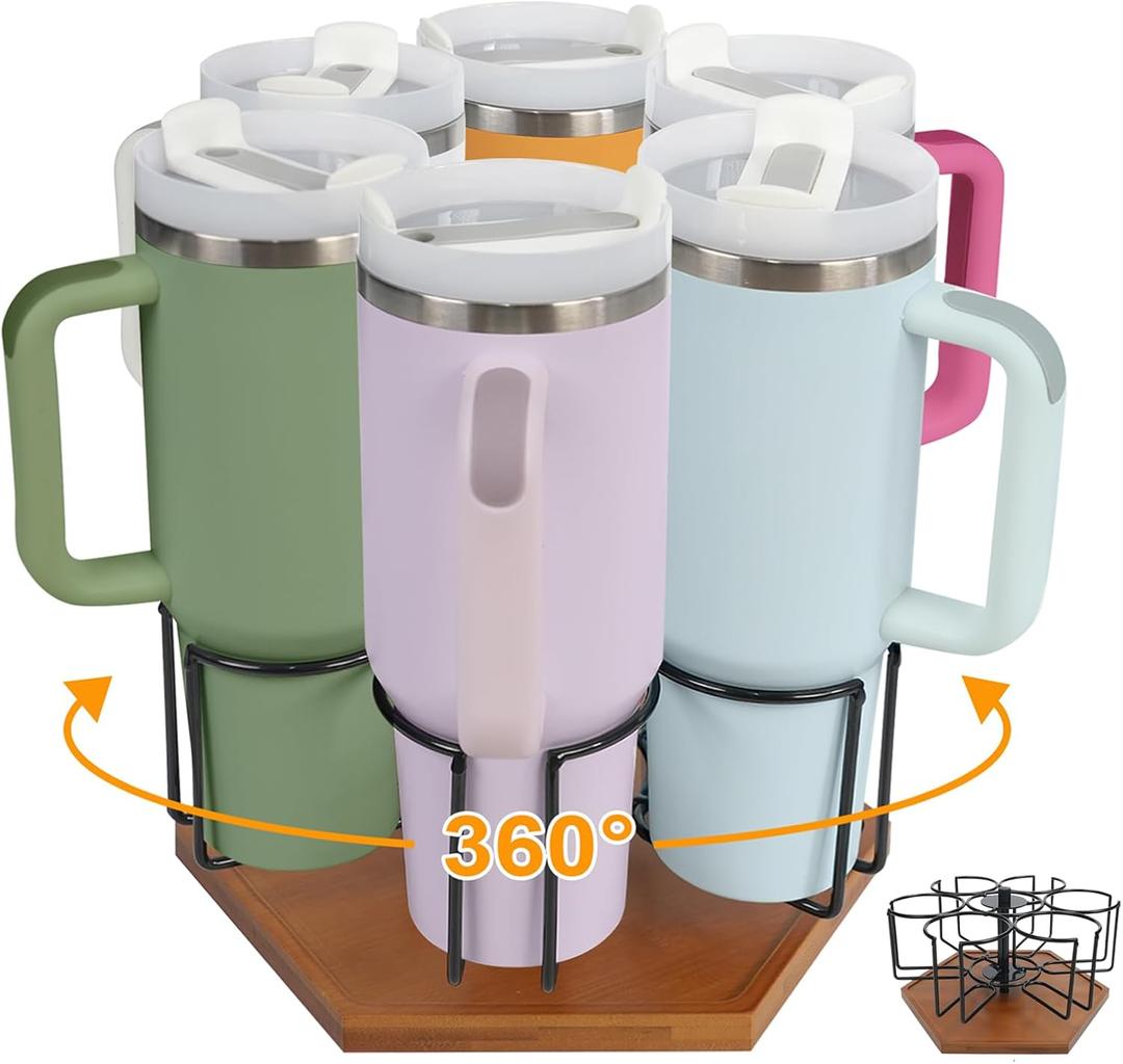 Stanley Cup Organizer for 40 oz Tumbler with Handle, Rotatable Water Bottle Holder, Bamboo Wood Base, 6 Non-Slip Pads, Compatible with Stanley, Yeti, Owala Bottles