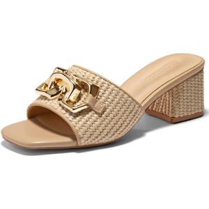 Coutgo Womens Raffia Slide Sandals Chunky Block Heeled Square Open Toe Metal Chain Slip on Mules Dressy Shoes, size 8 (Beige)