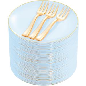 Festiva 200Pcs Blue Gold Cake Plates 6.3" with Plastic Forks 5"- Disposable Blue Dessert/Appetizer/Salad Plates- serve 100 guests for Party&Wedding&Easter