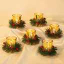 Hewory Christmas Tealight Candle Holder: Set of 6 Decorative Gold Tea Lights Candleholder with Xmas Wreath, Christmas Decoration Votive Candle Holders for Dinner Table Centerpieces Living Room Holiday