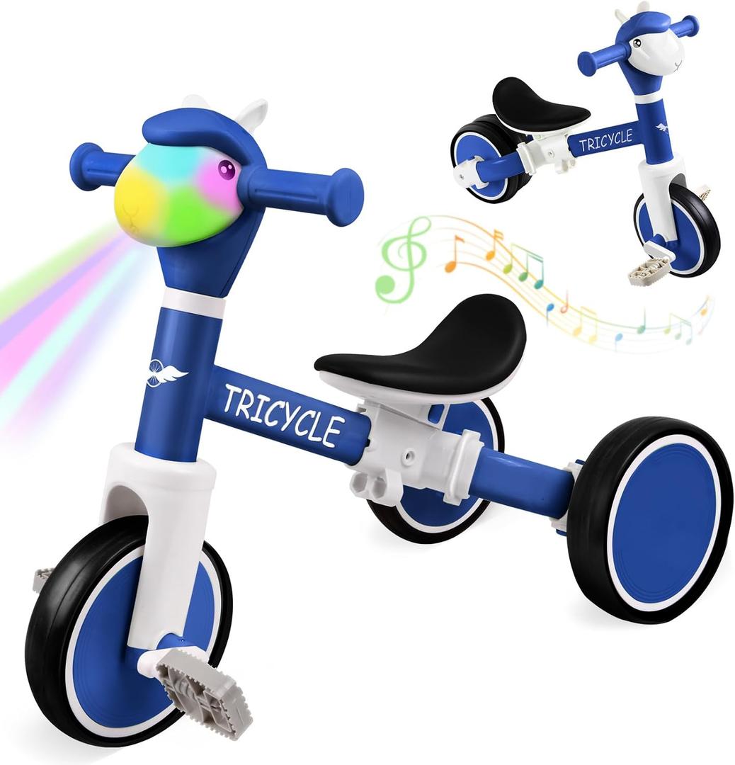 Toddler Balance Bike with Light & Music, Tricycle for Toddlers 1-5 Year Olds, Toddler Tricycle for Boys Girls, Kids Bicycle with Removable Pedal, Birthday Gifts for 1 2 3 4 5 Year (Blue)