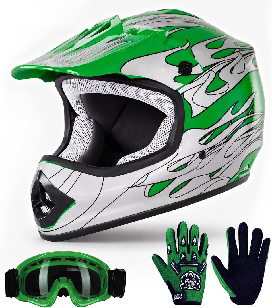 TCT-MOTORPARTS Green Flame DOT Kids Youth Motocross Helmets ATV Off-Road Dirt Bike Motorcycle Full Face Helmet+Gloves+Goggles Large