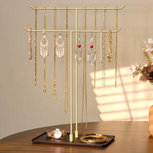 bussdis Necklace Holder Jewelry Stand Organizer for Necklaces and Bracelets, Metal Display Stand, Gift for Women, Ideal for Home, Bedroom, or Vanity, Gold and Black (14.5" Height)