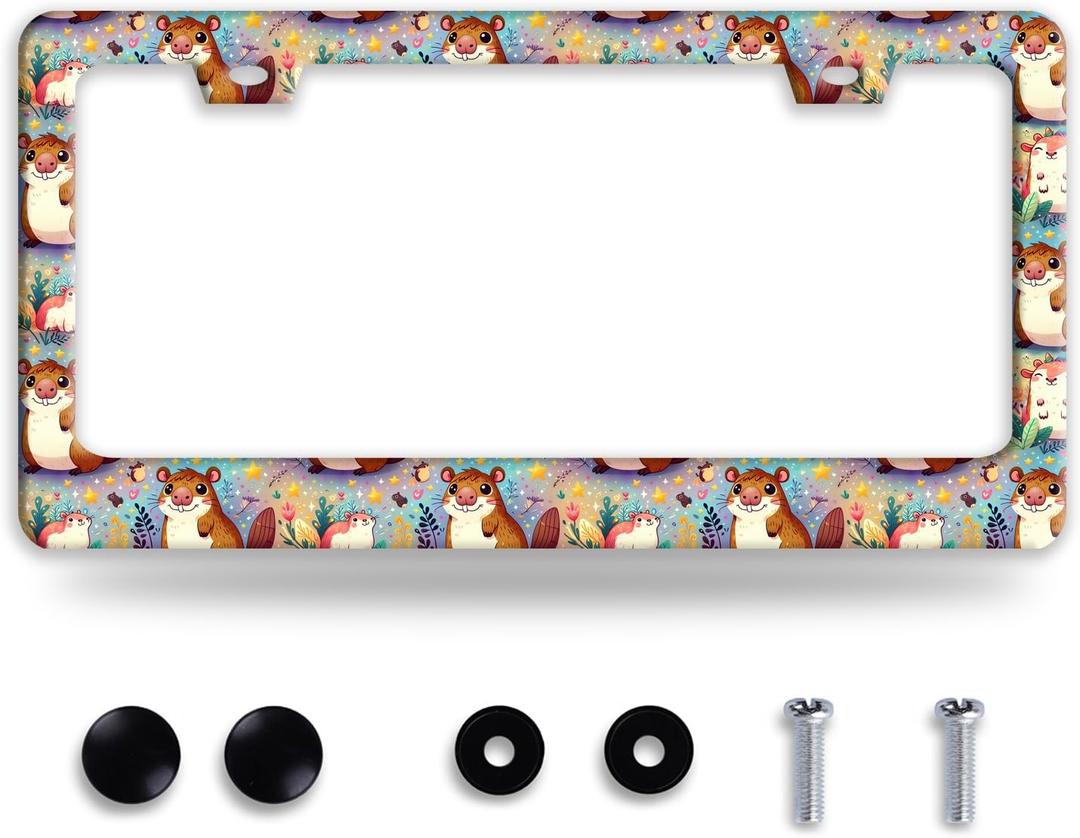 Squirrel License Plate Frame Cute Animal Cartoon License Plate Holder Funny Stainless Steel Accessories Cars Decor with 2 Holes and Screws Fits Standard Us Ca Vehicles 12.2 X 6 Inch