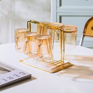 Metal Cup Drying Rack with 6 Hooks, Bottle Drying Rack with Drain Tray,Coffee Mug Holder,Mug Organizer Golden