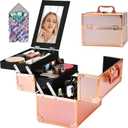 Makeup Train Case, Portable Makeup Case with Mirror, 2-Trays Cosmetic Organizer Case,Nail Polish Organizer, Travel Makeup Box, Profesional for Salon Barber, Rose Gold
