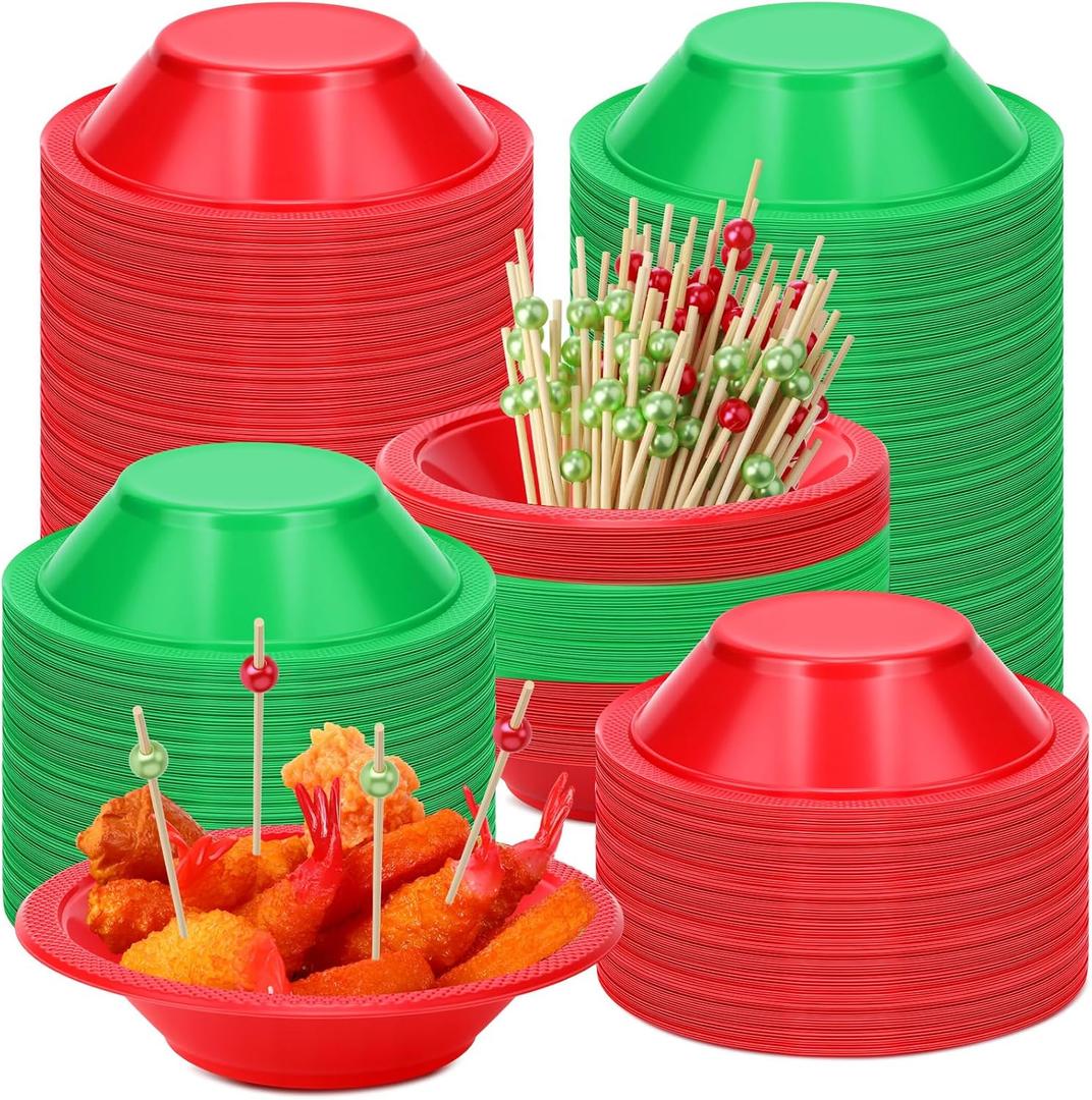 100 Sets Disposable Christmas Plastic Bowls Bulk 17.5 oz Red and Green Christmas Food Serving Bowls Pearl Toothpicks for Xmas Party Favor Supplies Picnic Dessert Candy Snack Fruit Salad Soup