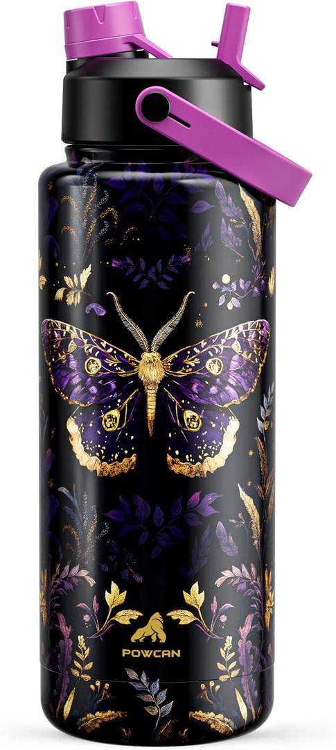 POWCAN 40 oz Insulated Water Bottle with 2-in-1 Straw and Spout Lid, Keep Cold 24H, Leak-Proof, BPA-Free, Double Wall Stainless Steel Water Bottle for Sports, Gym, Trip, and School (Monarch Butterfly)
