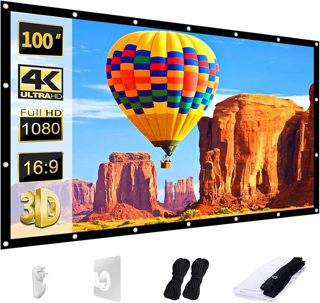 AAJK Projector Screen 100 inch, Washable Projector Screen 16:9 Foldable Anti-Crease Portable Projector Movies Screen for Home Theater Outdoor Indoor Support Double Sided Projection