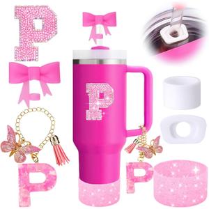 6PCS Pink Stanley Cup Accessories Set, Initials Decorations for Stanley Cup 30oz 40oz, Includes Bow Straw Topper, Handle Charm, Letter Sticker, Silicone Boot, Spill Proof Stopper (Letter P)