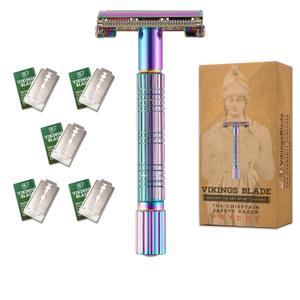 VIKINGS BLADE Safety Razor for Women + 5 Swedish Steel Blades. Quick Release Head, Double Edge. Smooth, Reusable, Recyclable (Model: Psyche) (Spectral Lights)
