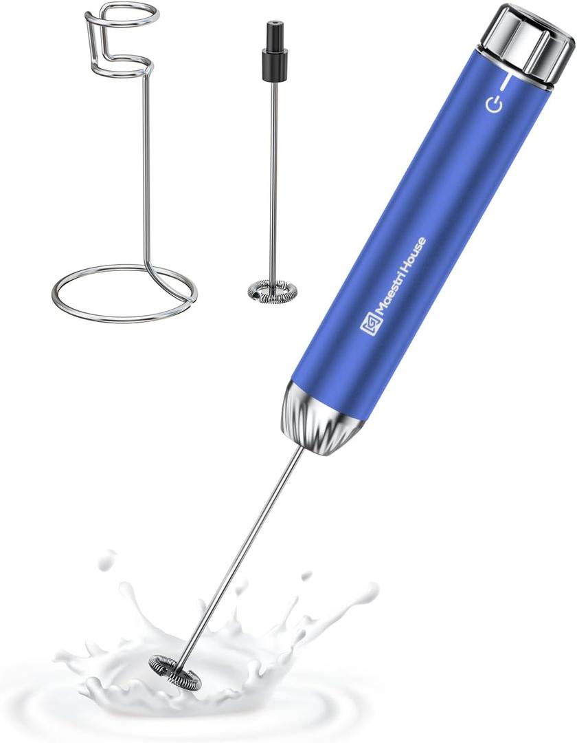 Maestri House Rechargeable Milk Frother with Stepless Speed Control, Handheld Electric Foam Maker Waterproof Drink Mixer Foamer with Stainless Steel Stand & Whisks (Metallic Blue)