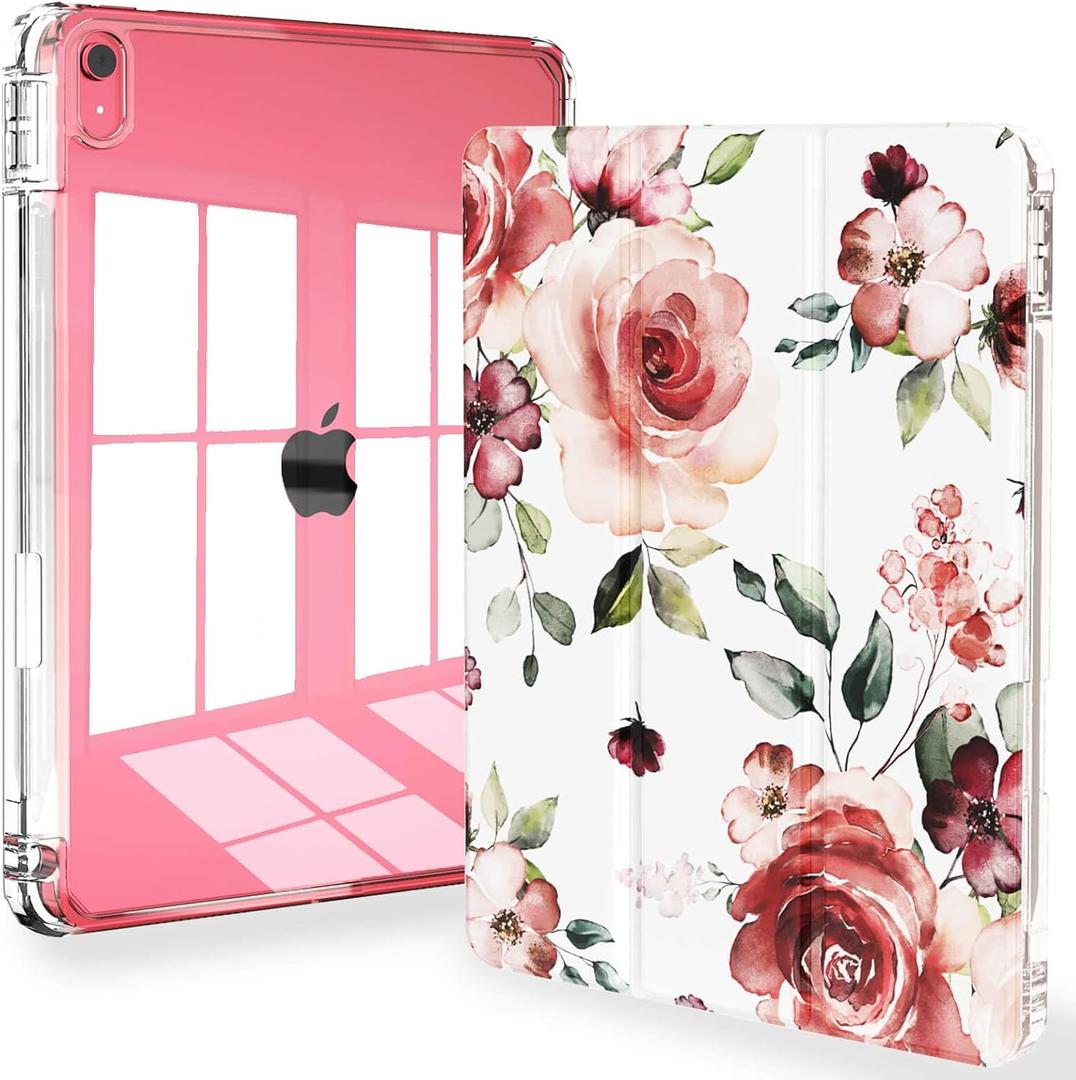 Feams for iPad A16 11th Generation 11 Inch Case 2025, iPad 10th Generation 10.9 Inch 2022, Slim Clear Back Cover with Pencil Holder & Auto Sleep, Rose