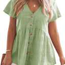 JayGate Womens Short Sleeve V Neck Blouse Button Down Shirt Loose Casual Ruffle Hem Babydoll Peplum Tops (Large, Light Green)