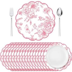 Supervitae 60 Pack Pink Floral Paper Place Mats Chinoiserie Scalloped Disposable Placemats 13.5 Inch Flower Decorative Table Mats for Dinner Table Setting Banquet Birthday Wedding Bride Party Supplies