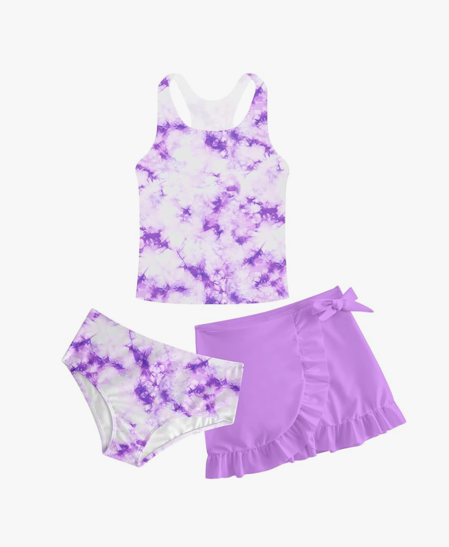 Girls Swimsuits 3 Piece Tankini Bathing Suit Set Cute Bikini Swimwear with Cover Ups Beach Skirt 12 Years