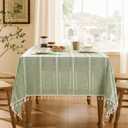 ZeeMart Hemstitched Embroidery Striped Boho Tablecloth 54x70 Inch Sage Green, Heavy Weight Farmhouse Burlap Linen Sage Green Tablecloth, Wrinkle Resistant Washable Table Cloth for Rectangle Table