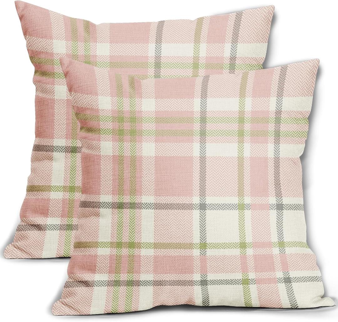 Easter Plaid Pillow Covers 20x20 Set of 2 Light Pink Green Grey Buffalo Check Print Spring Holiday Tartan Decorative Pillowcases Outdoor Farmhouse Throw Cushion Case Decor for Couch Sofa Bed