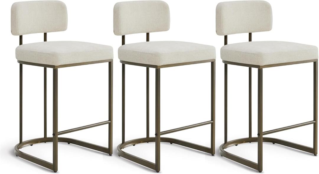 26" H Counter Height Bar Stools Set of 3, Modern Linen Fabric Upholstered Barstools with Backrest for Kitchen Island, Gold Metal Frames, Linen