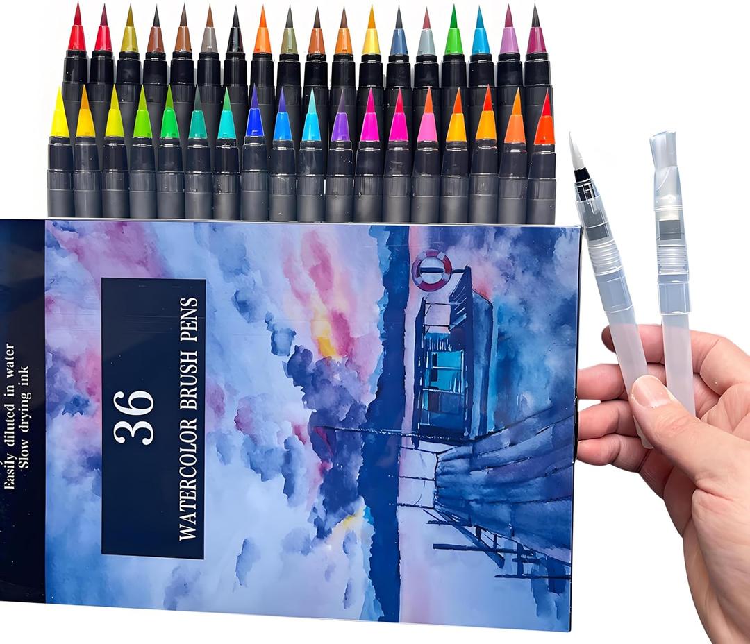 38 Watercolor Pens Set Including 2 Aquapens &36 Unique Colors Watercolor Brush Pens for Drawing, Doodling, Outdoor Sketching, And Professional Artistic Use. Vibrant Color Set for Handicrafts
