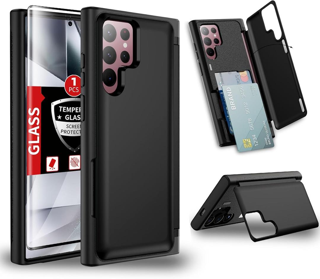 for Samsung Galaxy S24 Ultra Case Wallet Built-in Card Holder 2 Cards+Kickstand, with Screen Protector, for S24Ultra Case Hidden Card, Heavy Duty Shockproof Protection Military-Grade Drop Black