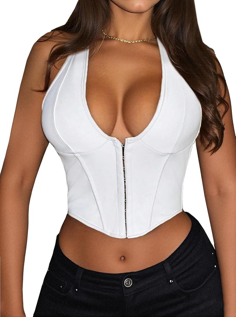 Women's Y2K Leather Halter Top Backless Corset Bustier Top Lace Up Sexy Going Out Crop Tank Halter Neck Party Club (White)
