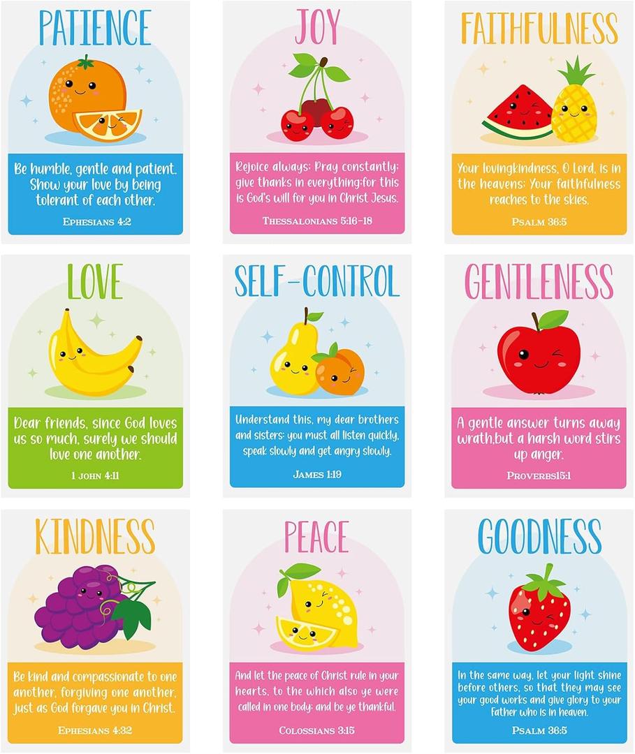 Feifeiya 9 Pcs Fruit of the Spirit Poster Religious Fruit Bible Verse Poster Inspirational Bulletin Board Christian Scripture Wall Art for Classroom Church Sunday School VBS Nursery Bedroom Home Decor