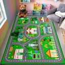 Car Rug Play Mat 4.5x6 Feet - Green Road Rug for Kids Boys Room, Fun Race Track Traffic Road Carpet for Boys Playmat Educational Learn, Car Carpet for Kids Room Decor Playmat Bedroom Playroom