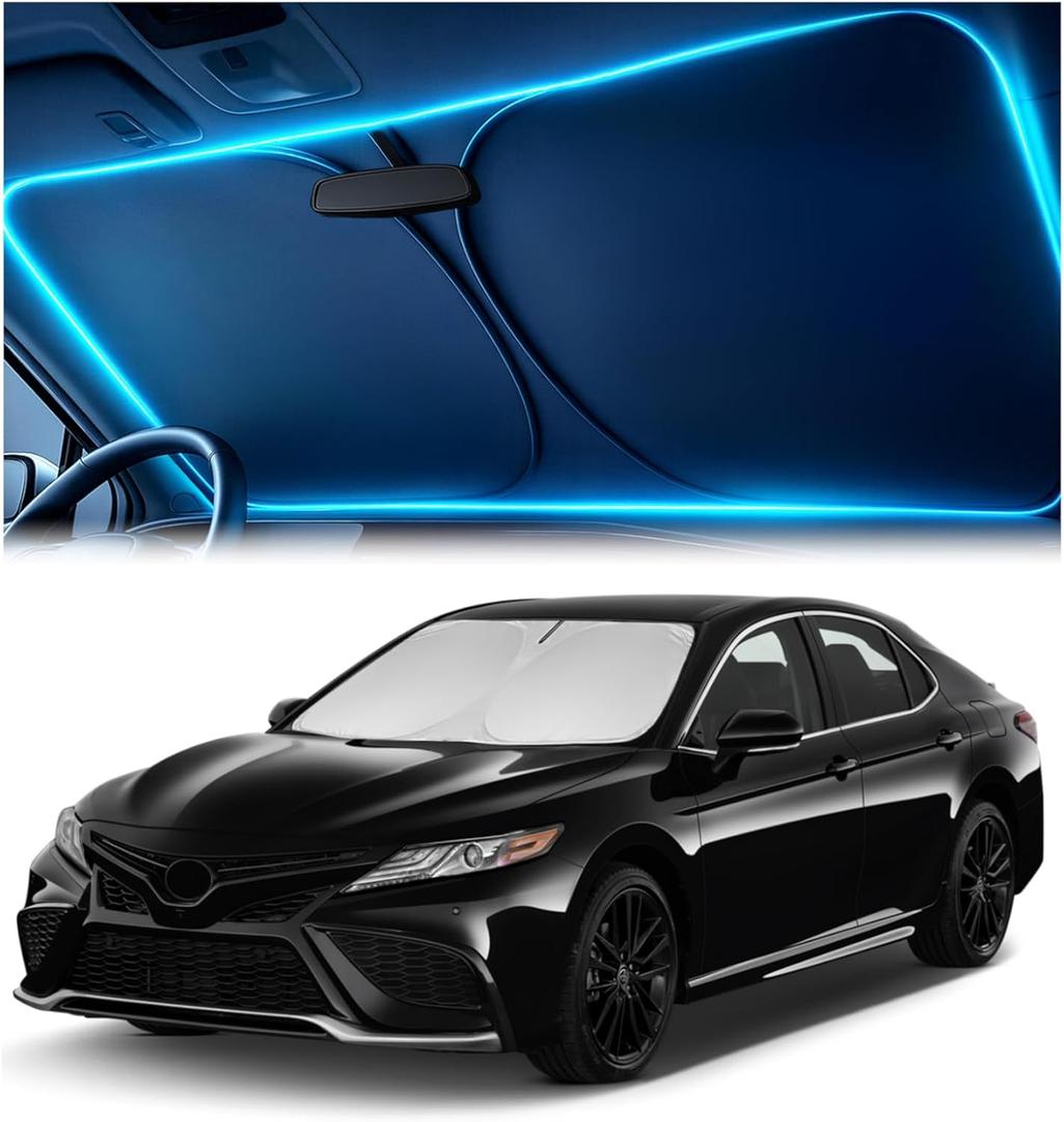 Windshield Sun Shade for Toyota Camry 2018-2024 LE/XLE/SE/XSE/Hybrid  Custom Fit Sun Shield with Mirror CutOut, Blocks Heat & UV, Foldable with Storage Pouch - Toyota Camry Windshield Sunshade