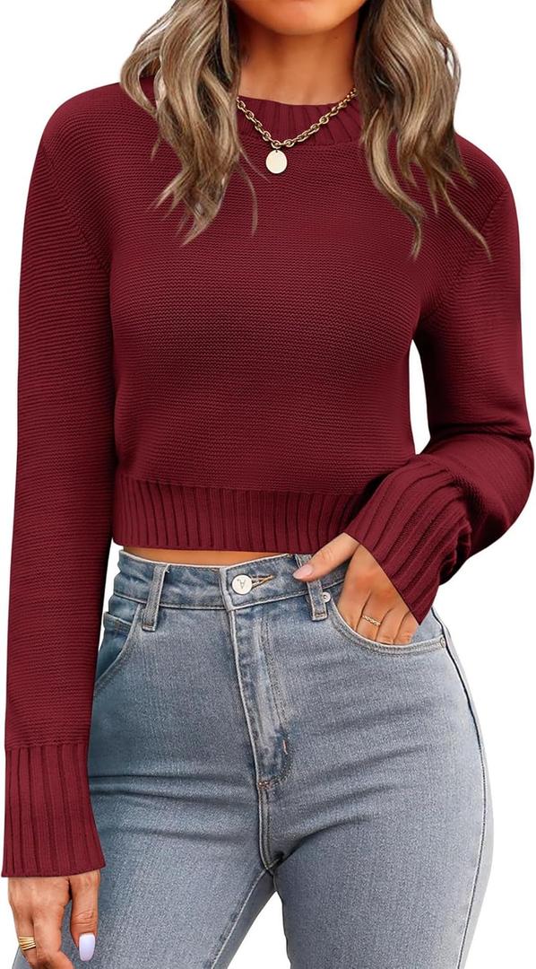 Zeagoo Women's 2026 Fall Crewneck Cropped Sweater Trendy Long Sleeve Ribbed Knit Pullover Jumper Tops (Large, Wine Red)