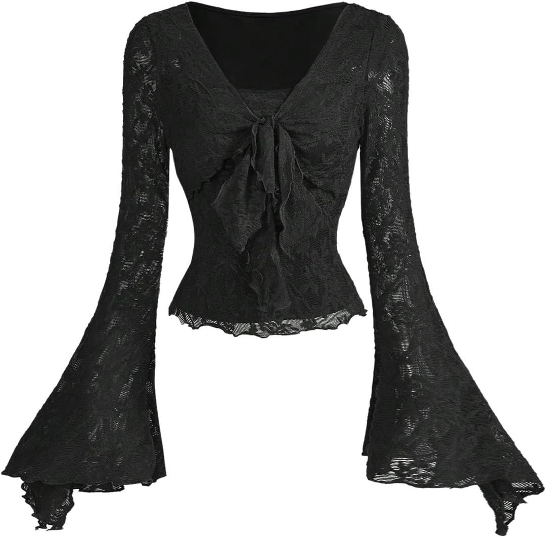 Verdusa Women's Y2K Tie Front Tops Bell Sleeve Floral Print Mesh Tops Long Sleeve Shirts 2000s Clothing (Black)