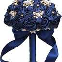 Sharebeauty 5.9" Mini Bridal Bouquet Handmade Satin Rose Round Wedding Bouquet Throw Toss Artificial Flower Bunch Navy Blue