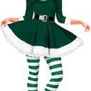 Geyoga Women's Santa Claus Costume Set Velvet Dress with Belt Women's Xmas Striped Tights Santa Hat Set Dress Cosplay, Size XL